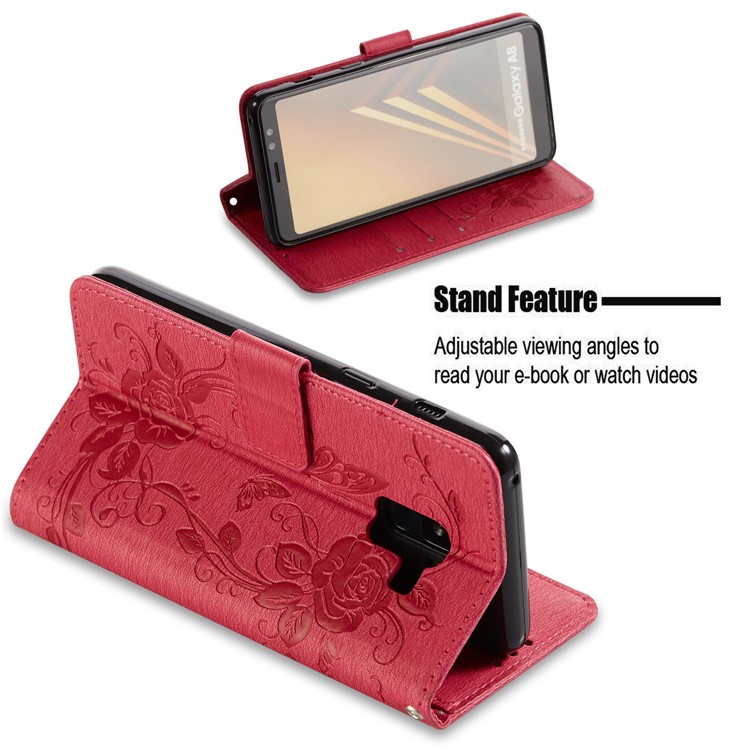 Imprinted Butterfly Flowers Leather Wallet Mobile Case with Stand for Samsung Galaxy A8 (2018) - Rose-3