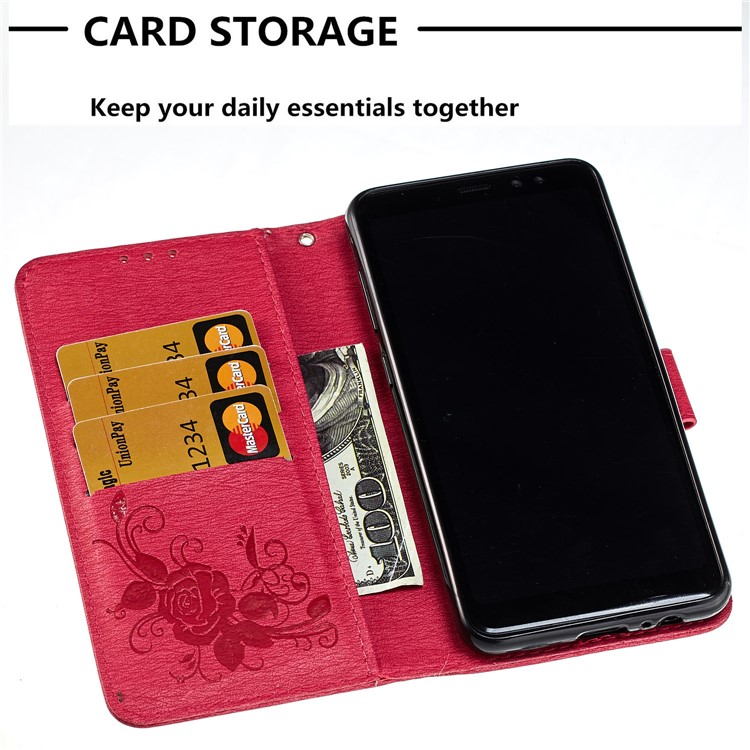 Imprinted Butterfly Flowers Leather Wallet Mobile Case with Stand for Samsung Galaxy A8 (2018) - Rose-5