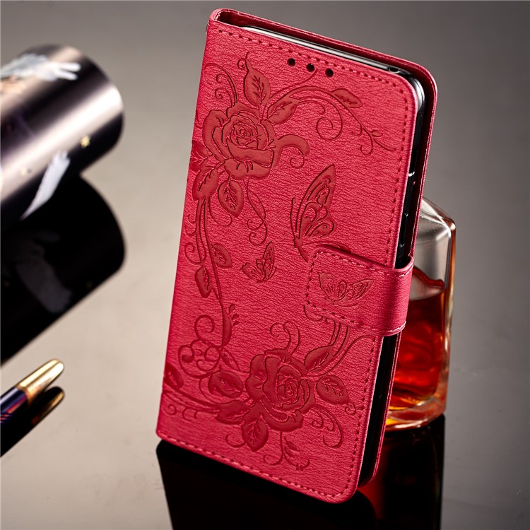 Imprinted Butterfly Flowers Leather Wallet Mobile Case with Stand for Samsung Galaxy A8 (2018) - Rose-7