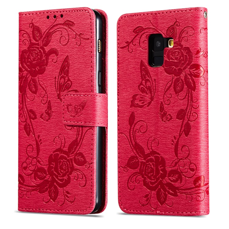 Imprinted Butterfly Flowers Leather Wallet Mobile Case with Stand for Samsung Galaxy A8 (2018) - Rose-8
