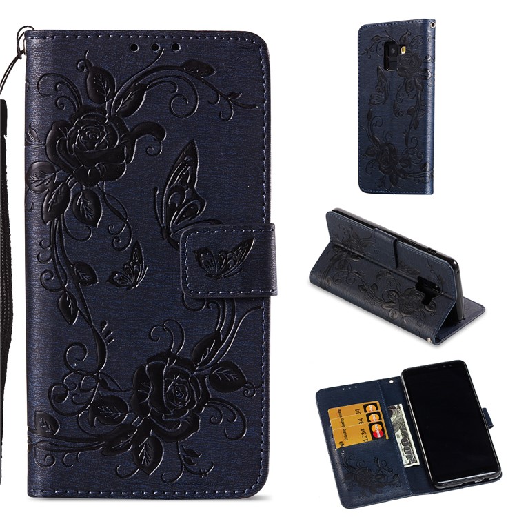 

For Samsung Galaxy A8 (2018) Imprinted Butterfly Flowers Leather Stand Wallet Phone Case Accessory - Dark Blue