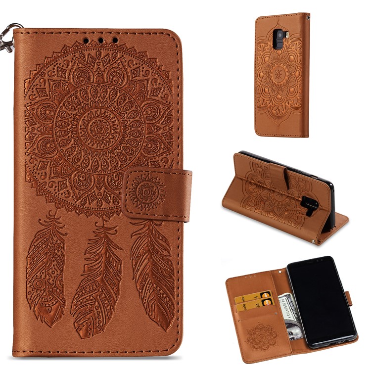 

Imprinted Dream Catcher Pattern Wallet Leather Phone Protection Cover for Samsung Galaxy A8 (2018) - Brown