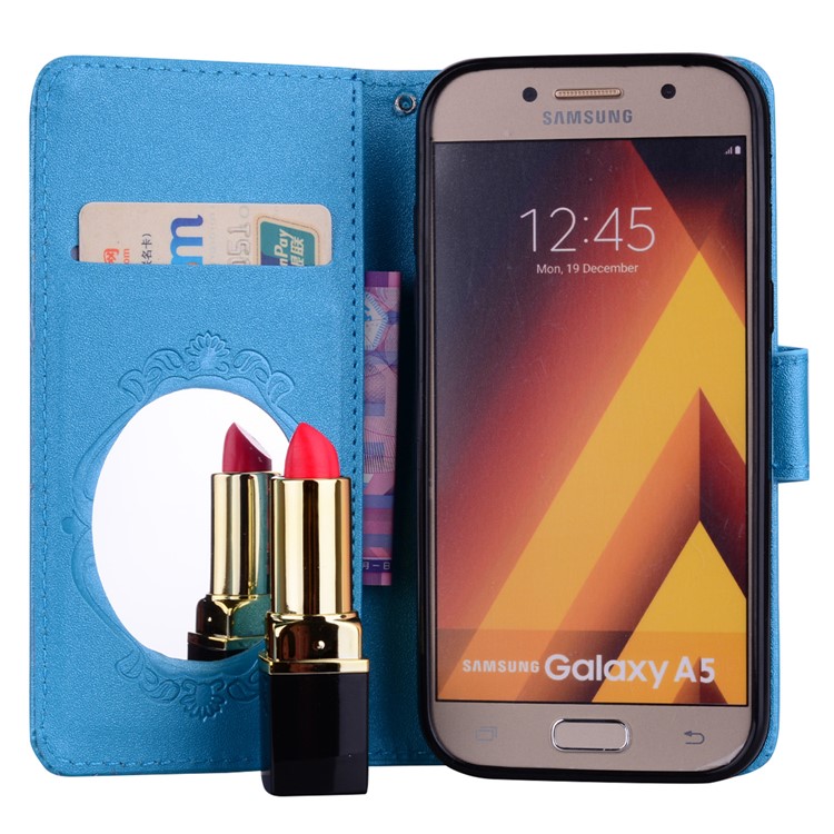 Imprinted Butterfly Flower Pattern Rhinestone Decoration Wallet Leather Shell with Mirror for Samsung Galaxy A5 (2017) SM-A520 - Blue-7