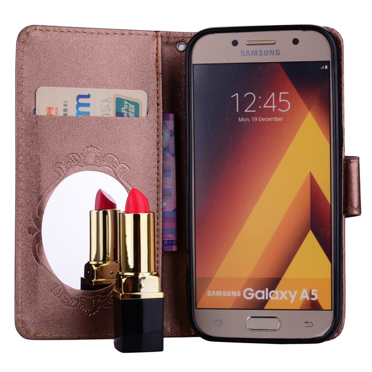 Imprinted Butterfly Flower Pattern Rhinestone Decoration Wallet Leather Mobile Phone Case with Mirror for Samsung Galaxy A5 (2017) SM-A520 - Brown-7