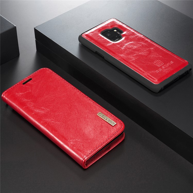 DG.MING Detachable 2-in-1 Genuine Leather Card Holder Stand Cover for Samsung Galaxy S9 SM-G960 - Red-3