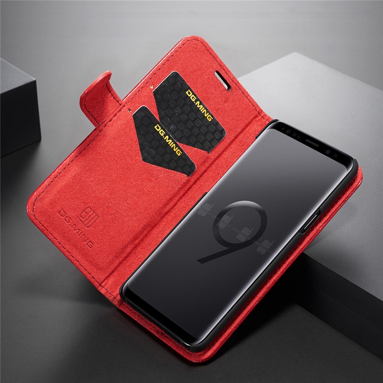 DG.MING Detachable 2-in-1 Genuine Leather Card Holder Stand Cover for Samsung Galaxy S9 SM-G960 - Red-5