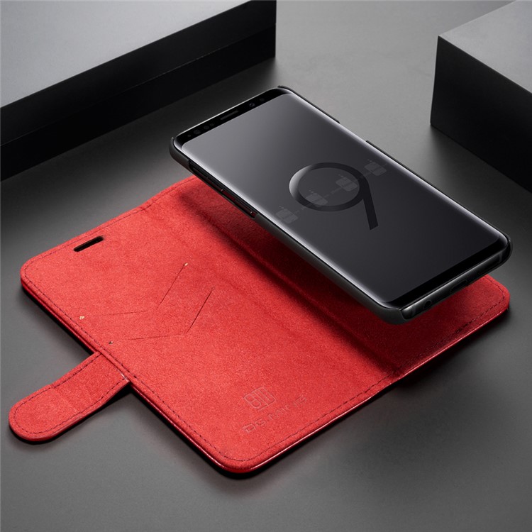 DG.MING Detachable 2-in-1 Genuine Leather Card Holder Stand Cover for Samsung Galaxy S9 SM-G960 - Red-7