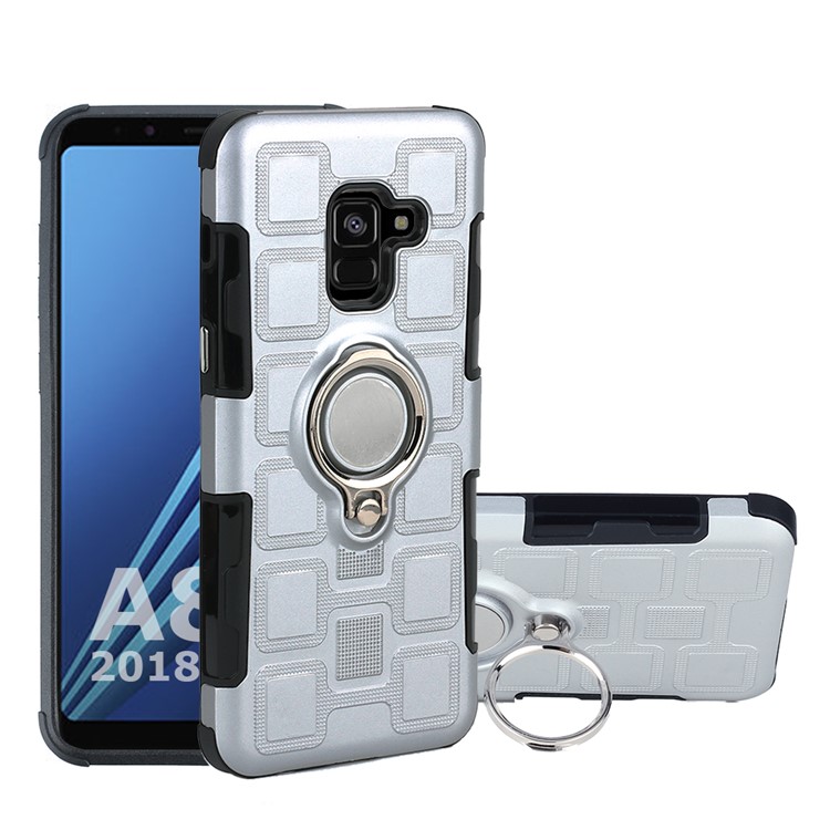 Motif Géométrique TPU PC Hybride Couverture Avec Support De Bague De Support De Voiture Magnétique Pour Samsung Galaxy A8 (2018) - Argent-1