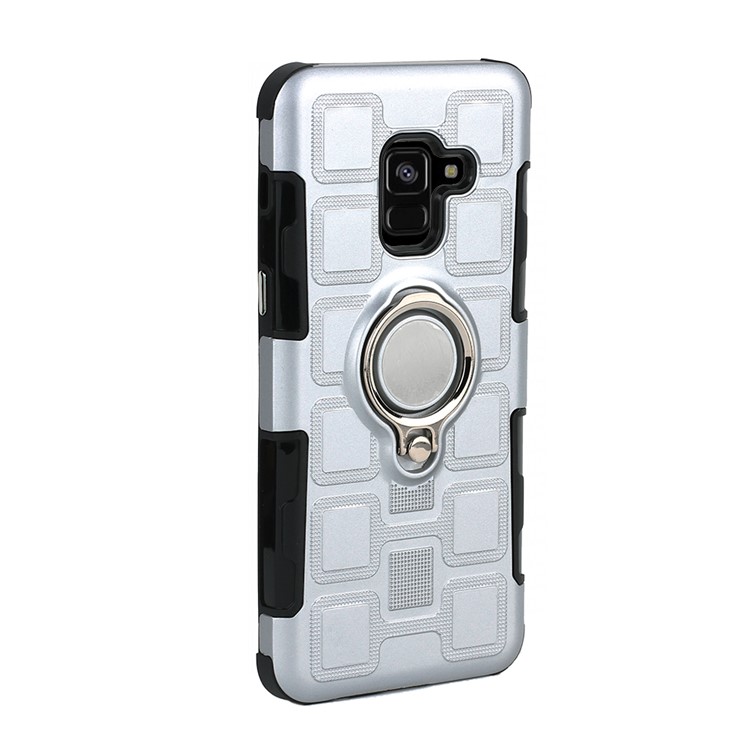 Motif Géométrique TPU PC Hybride Couverture Avec Support De Bague De Support De Voiture Magnétique Pour Samsung Galaxy A8 (2018) - Argent-2