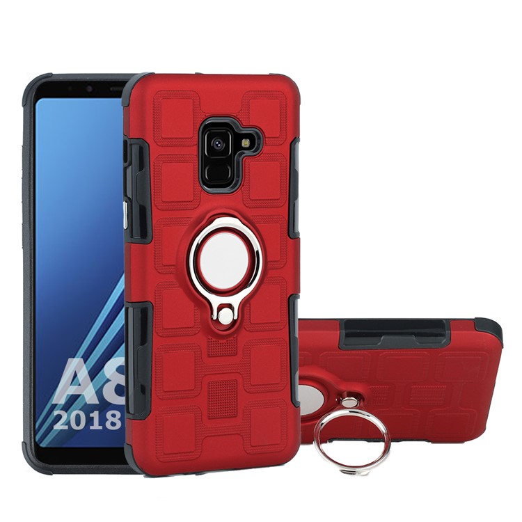 Geometric Pattern TPU PC Hybrid Casing with Magnetic Car Mount Ring Holder for Samsung Galaxy A8 (2018) - Red-1