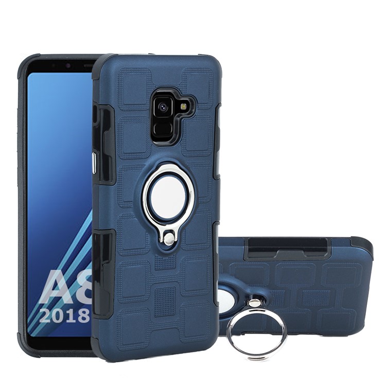 Geometric Pattern TPU Plastic Combo Cell Phone Case with Magnetic Car Mount Ring Holder for Samsung Galaxy A8 (2018) - Dark Blue-1