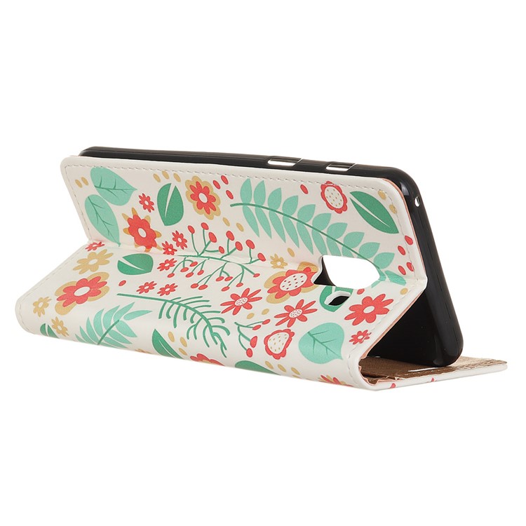 For Samsung Galaxy A6 (2018) Patterned Wallet Leather Stand Cover - Flowers and Leaves-3