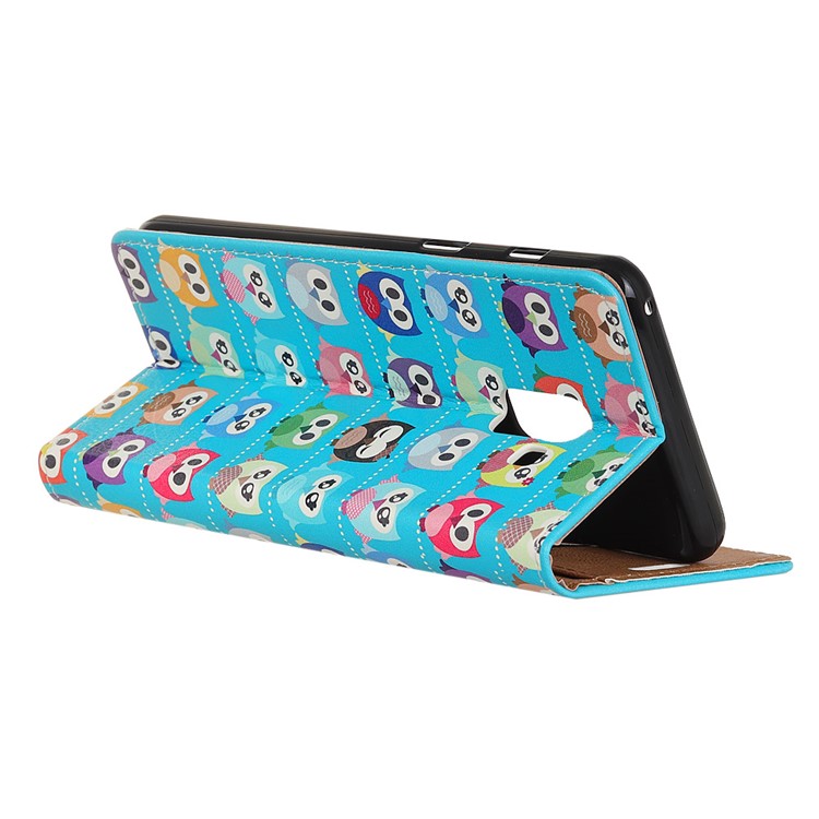 For Samsung Galaxy A6 (2018) Pattern Printing Leather Stand Mobile Casing - Blue Background Owls-3