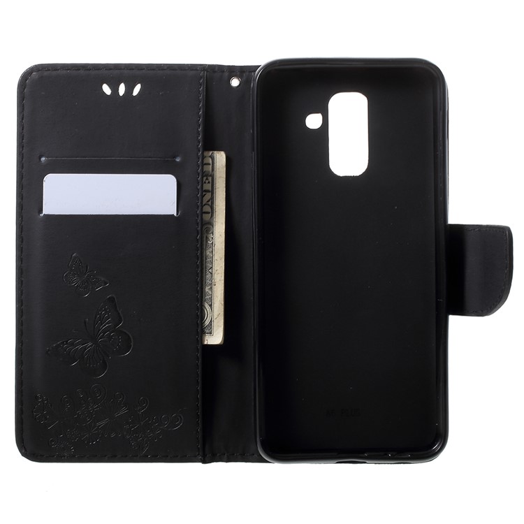 Imprint Butterfly Flowers Magnetic Wallet Leather Stand Cell Phone Case for Samsung Galaxy A6 Plus (2018) - Black-5