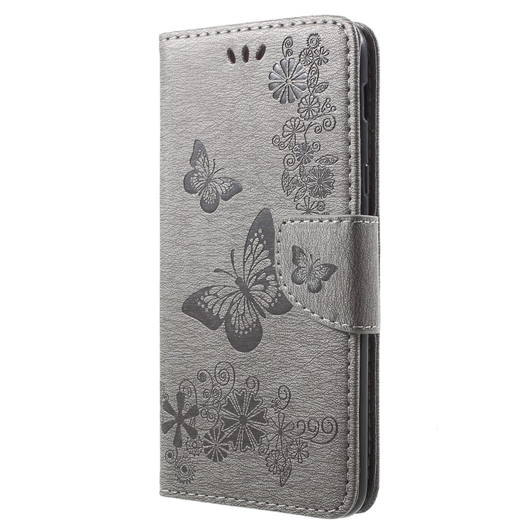Imprint Butterfly Flowers Magnetic Wallet Leather Stand Cell Phone Shell for Samsung Galaxy A6 Plus (2018) / A9 Star Lite - Grey-2