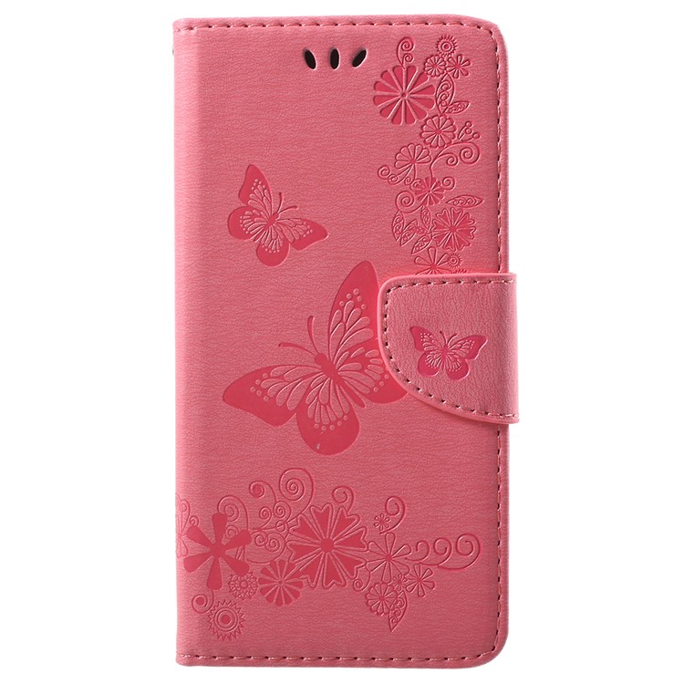Imprint Butterfly Flowers Magnetic Wallet Leather Stand Cell Phone Case Shell for Samsung Galaxy A6 Plus (2018) / A9 Star Lite - Pink-1