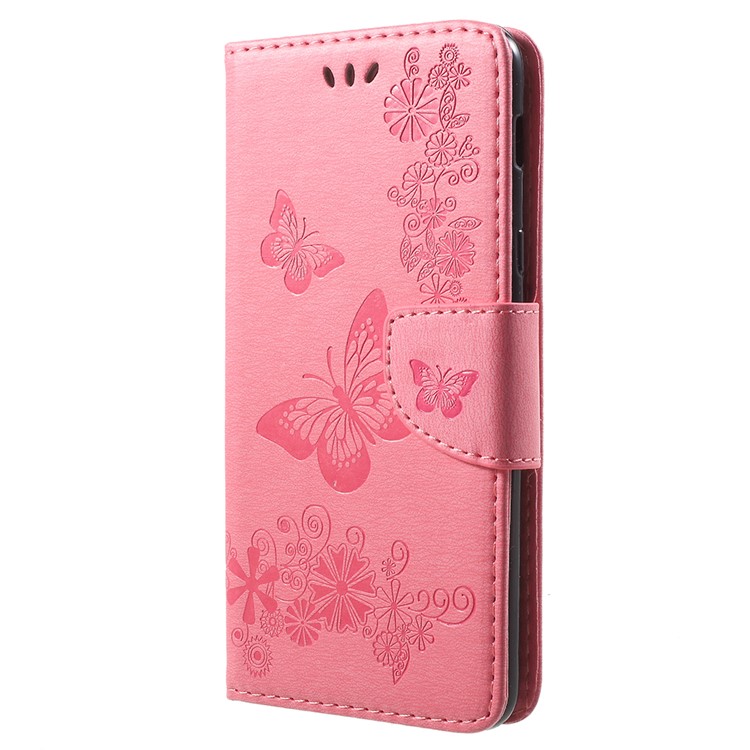 Imprint Butterfly Flowers Magnetic Wallet Leather Stand Cell Phone Case Shell for Samsung Galaxy A6 Plus (2018) / A9 Star Lite - Pink-2