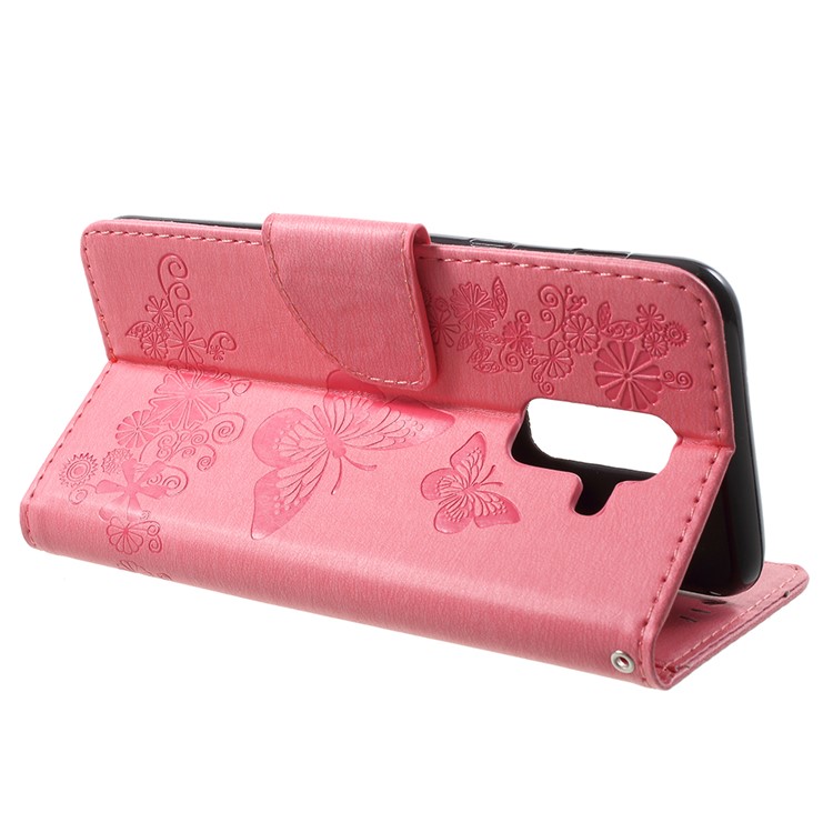 Imprint Butterfly Flowers Magnetic Wallet Leather Stand Cell Phone Case Shell for Samsung Galaxy A6 Plus (2018) / A9 Star Lite - Pink-4