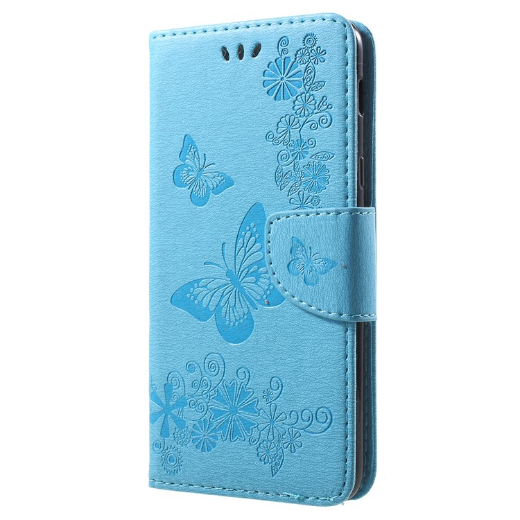 Imprint Butterfly Flowers Magnetic Wallet Leather Stand Cell Phone Shell Cover for Samsung Galaxy A6 Plus (2018) / A9 Star Lite - Blue-2