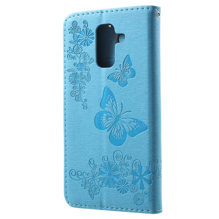 Imprint Butterfly Flowers Magnetic Wallet Leather Stand Cell Phone Shell Cover for Samsung Galaxy A6 Plus (2018) / A9 Star Lite - Blue-3