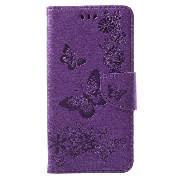 Imprint Butterfly Flowers Magnetic Wallet Leather Stand Mobile Shell for Samsung Galaxy A6 Plus (2018) / A9 Star Lite - Purple-1