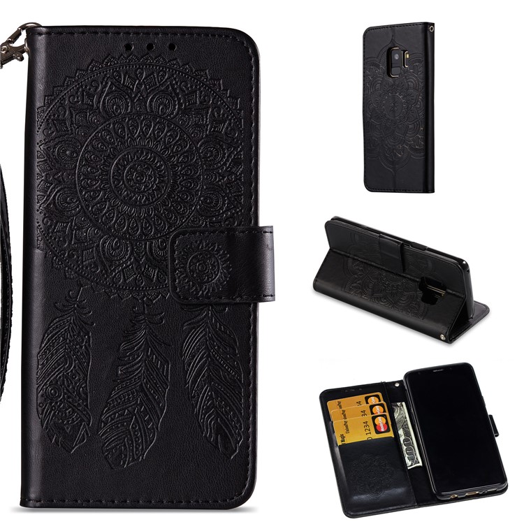 Imprint Dream Catcher Leather Wallet Case for Samsung Galaxy S9 SM-G960 - Black-1