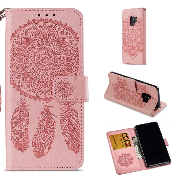 Impressão Dream Catcher Wallet Couro Stand Case Para Samsung Galaxy S9 SM-G960 - Rosa-1