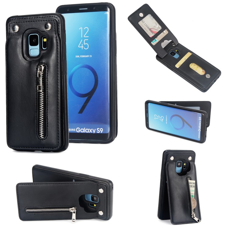 

Multi-functional Zipper Wallet Kickstand Leather Coated TPU Back Case for Samsung Galaxy S9 SM-G960 - Black