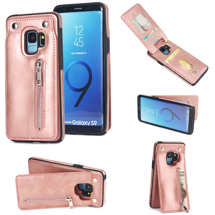 

Multi-functional Zipper Wallet Kickstand Leather Coated TPU Back Shell for Samsung Galaxy S9 SM-G960 - Rose Gold