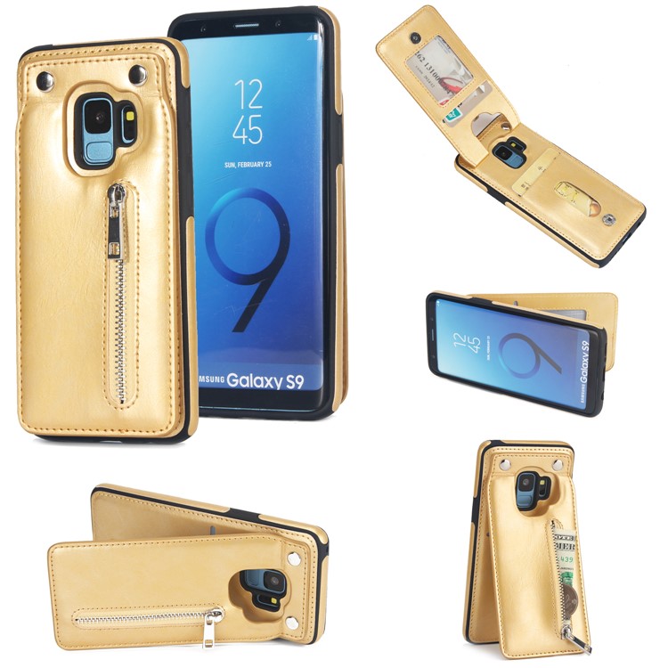 

Multi-functional Zipper Wallet Kickstand Leather Coated TPU Back Casing for Samsung Galaxy S9 SM-G960 - Gold
