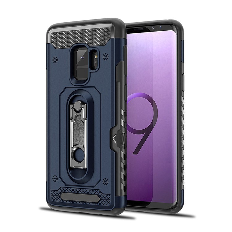 

PC + TPU Hybrid Card Holder Protection Case with Kickstand for Samsung Galaxy S9 SM-G960 - Dark Blue, Galaxy S9