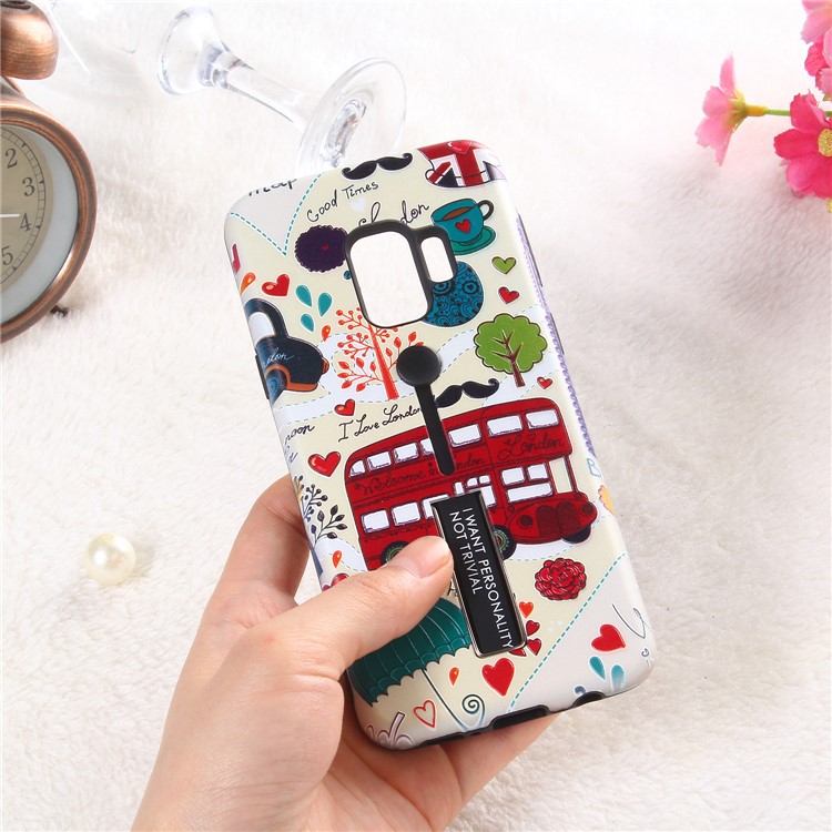 Embossment Cartoon Pattern TPU + PC Hybrid Phone Shell with Kickstand for Samsung Galaxy S9 SM-G960 - London Bus-4