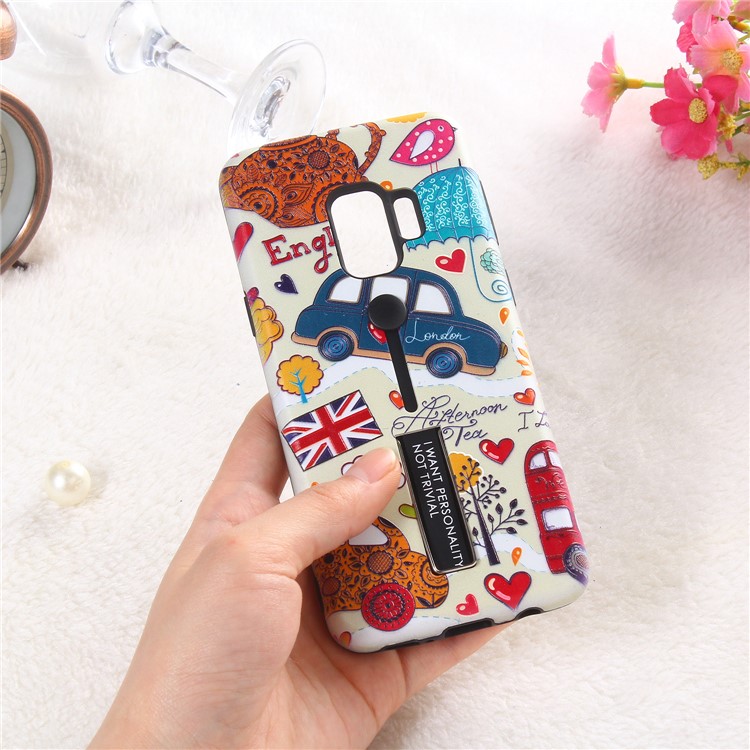 Embossment Cartoon Pattern TPU + PC Hybrid Phone Cover with Kickstand for Samsung Galaxy S9 SM-G960 - London Car-3