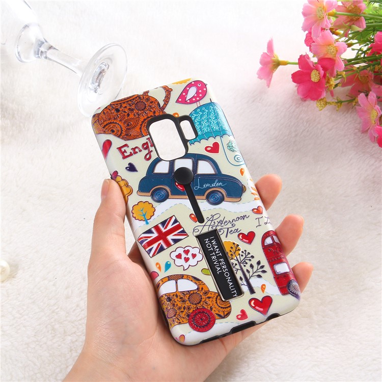Embossment Cartoon Pattern TPU + PC Hybrid Phone Cover with Kickstand for Samsung Galaxy S9 SM-G960 - London Car-4