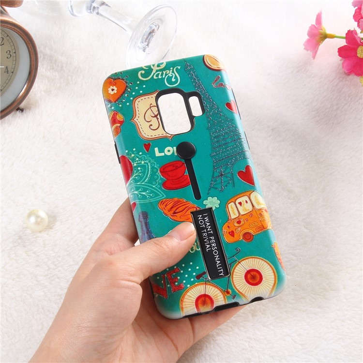 Embossment Cartoon Pattern TPU + PC Combo Mobile Phone Shell with Kickstand for Samsung Galaxy S9 SM-G960 - Eiffel Tower-3