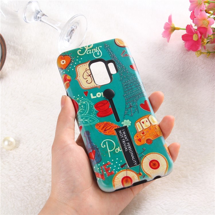 Embossment Cartoon Pattern TPU + PC Combo Mobile Phone Shell with Kickstand for Samsung Galaxy S9 SM-G960 - Eiffel Tower-4