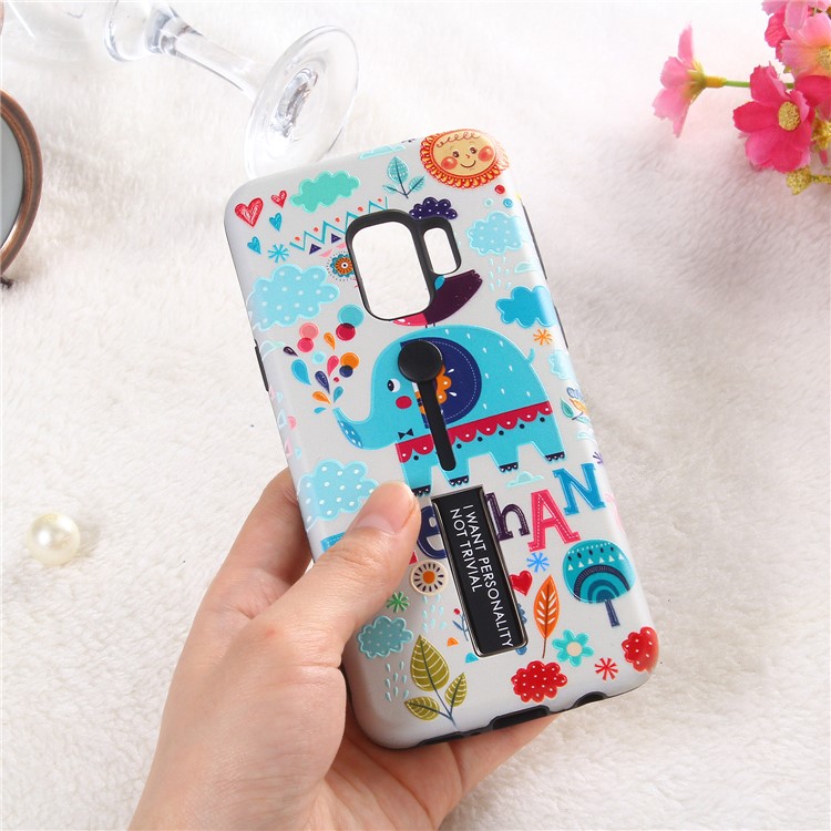 Embossment Cartoon Pattern TPU + Plastic Combo Mobile Phone Casing with Kickstand for Samsung Galaxy S9 SM-G960 - Elephant-3