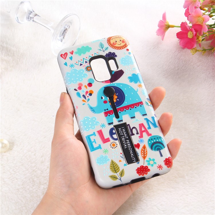 Embossment Cartoon Pattern TPU + Plastic Combo Mobile Phone Casing with Kickstand for Samsung Galaxy S9 SM-G960 - Elephant-4