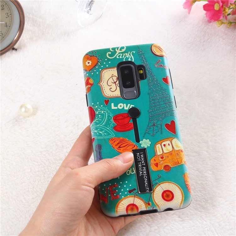 Embossment Cartoon Pattern TPU + PC Hybrid Phone Shell with Kickstand for Samsung Galaxy S9+ SM-G965 - Eiffel Tower-3