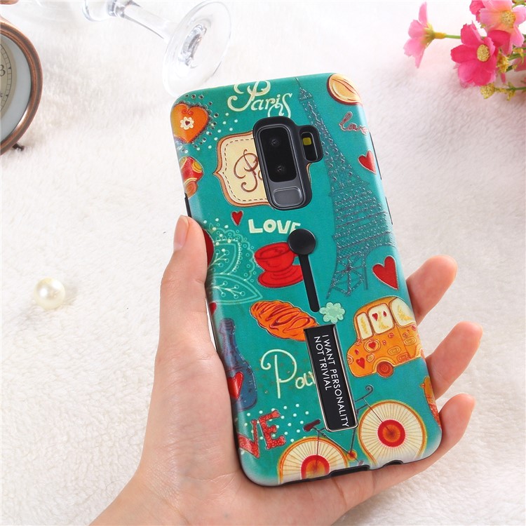Embossment Cartoon Pattern TPU + PC Hybrid Phone Shell with Kickstand for Samsung Galaxy S9+ SM-G965 - Eiffel Tower-4