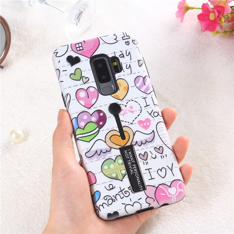 Embossment Cartoon Pattern TPU + PC Hybrid Mobile Phone Shell with Kickstand for Samsung Galaxy S9 Plus SM-G965 - Hearts-3