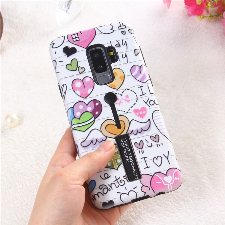 Embossment Cartoon Pattern TPU + PC Hybrid Mobile Phone Shell with Kickstand for Samsung Galaxy S9 Plus SM-G965 - Hearts-4