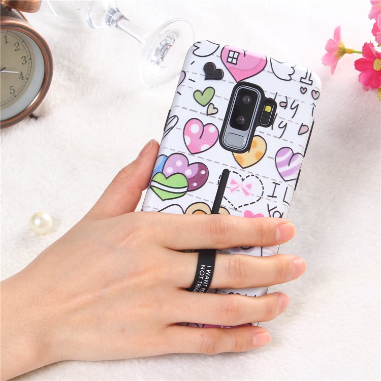 Embossment Cartoon Pattern TPU + PC Hybrid Mobile Phone Shell with Kickstand for Samsung Galaxy S9 Plus SM-G965 - Hearts-5