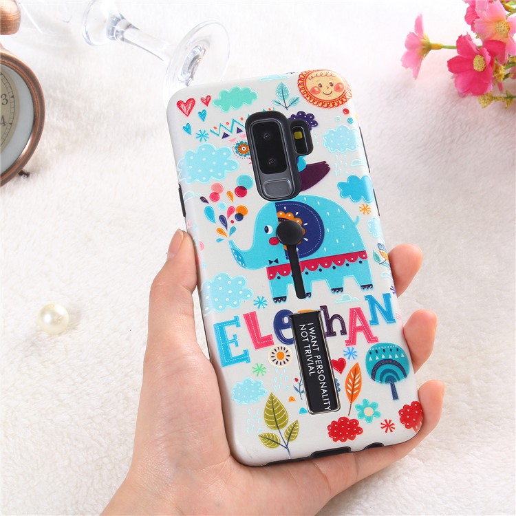 Embossment Cartoon Pattern TPU + PC Hybrid Mobile Phone Cover with Kickstand for Samsung Galaxy S9+ SM-G965 - Elephant-3
