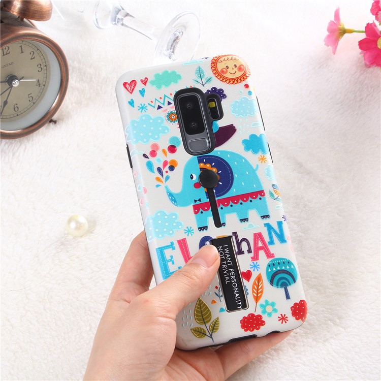 Embossment Cartoon Pattern TPU + PC Hybrid Mobile Phone Cover with Kickstand for Samsung Galaxy S9+ SM-G965 - Elephant-4