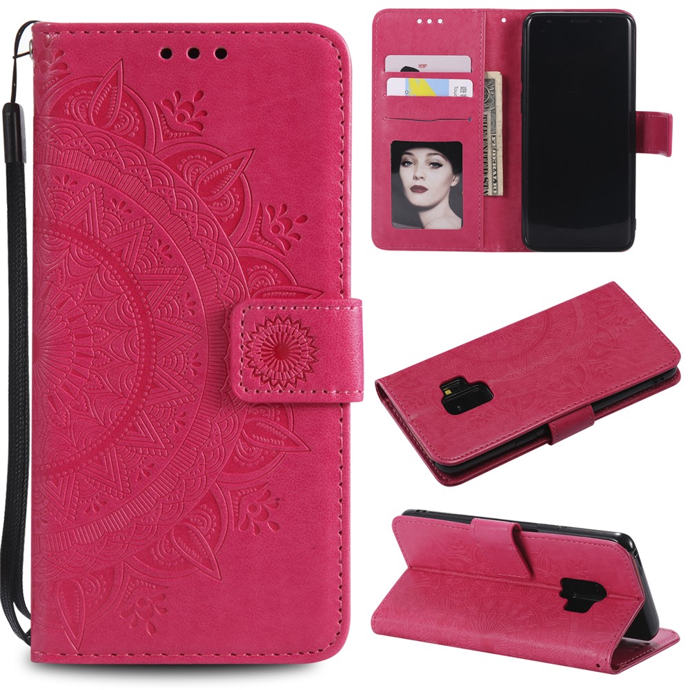 Imprint Butterfly Flower Leather Wallet Cover for Samsung Galaxy S9 SM-G960 - Rose-1