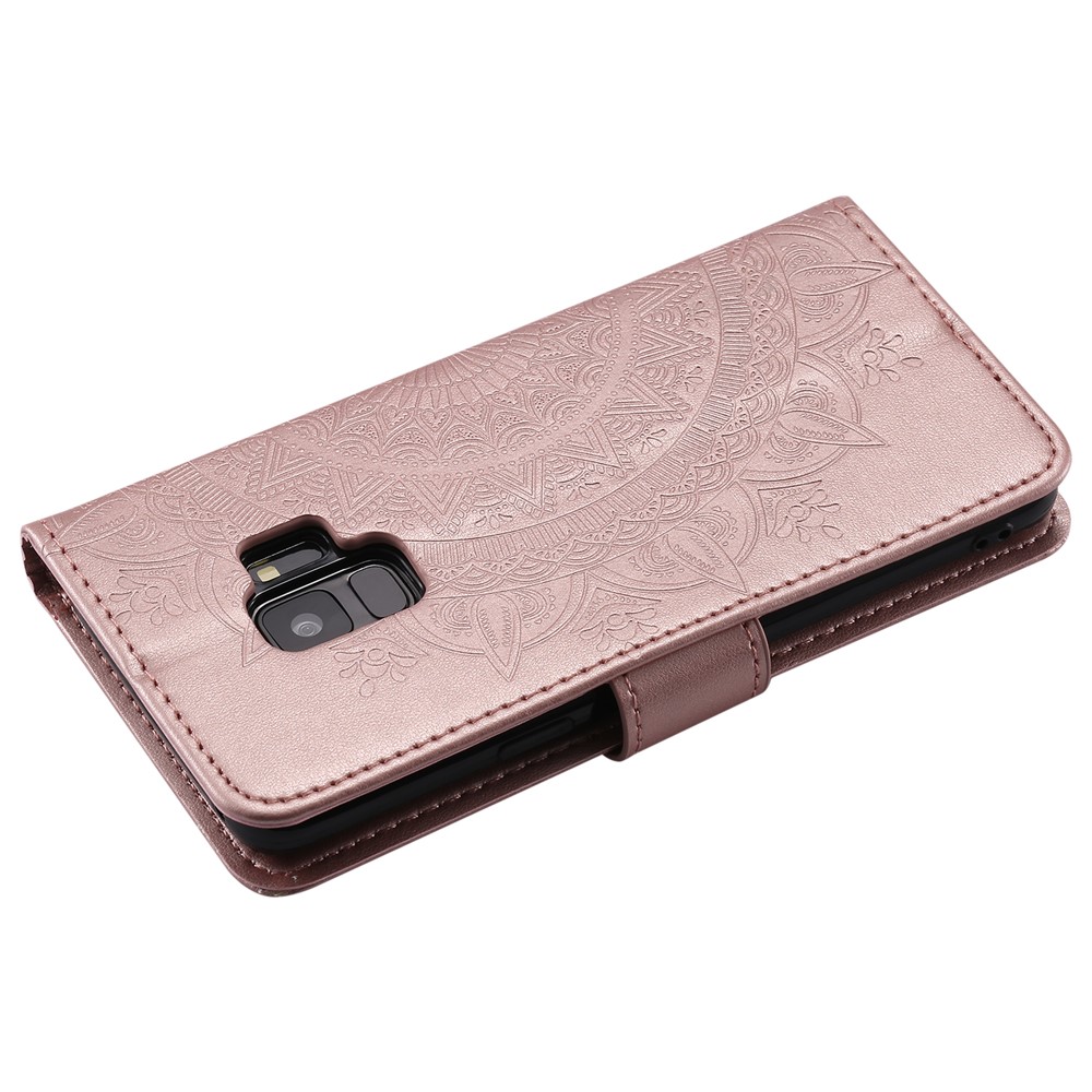 Caixa de Casca de Couro de Flor de Borboleta Com Borboleta Para Samsung Galaxy S9 SM-G960 - Rosa Ouro