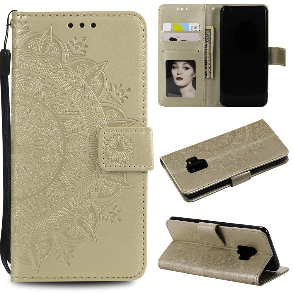 Imprint Butterfly Flower Magnetic Leather Wallet Case for Samsung Galaxy S9 SM-G960 - Champagne Gold-1