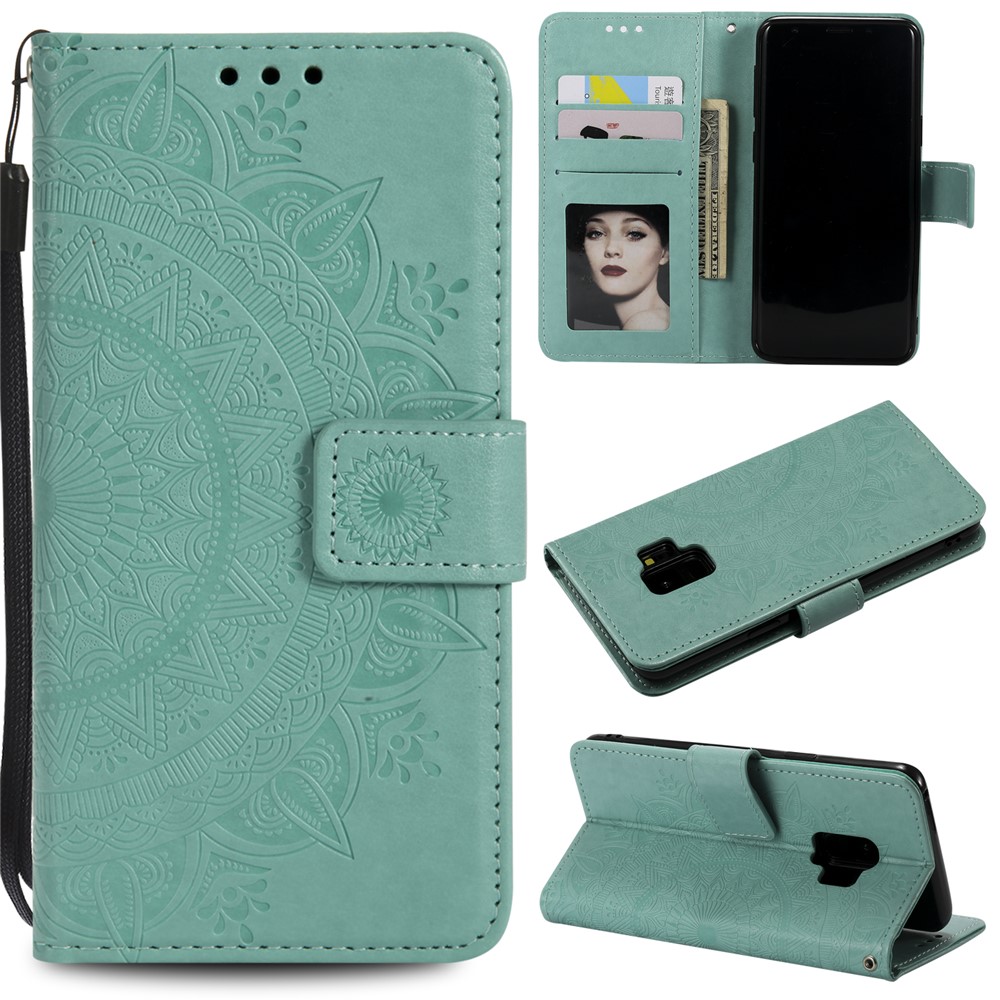 Imprint Butterfly Flower Wallet Leather Stand Case for Samsung Galaxy S9 SM-G960 - Cyan-1