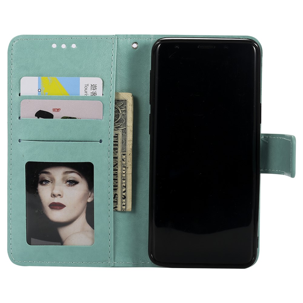 Imprint Butterfly Flower Wallet Leather Stand Case for Samsung Galaxy S9 SM-G960 - Cyan-4